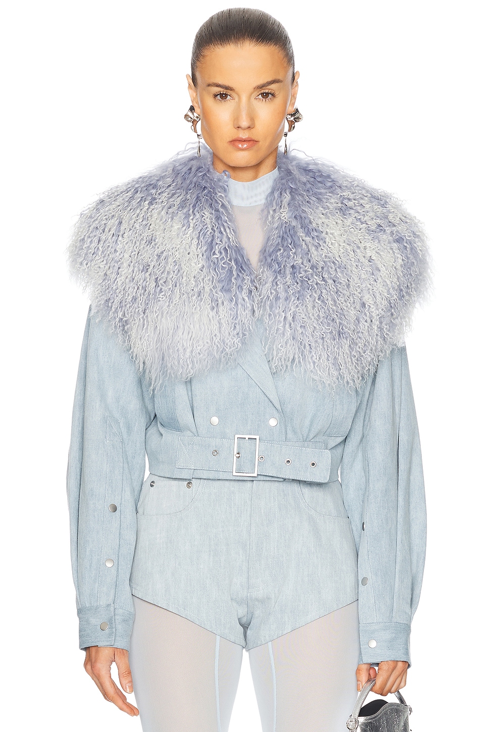 Washed Denim Biker Shearling Jacket in Blue