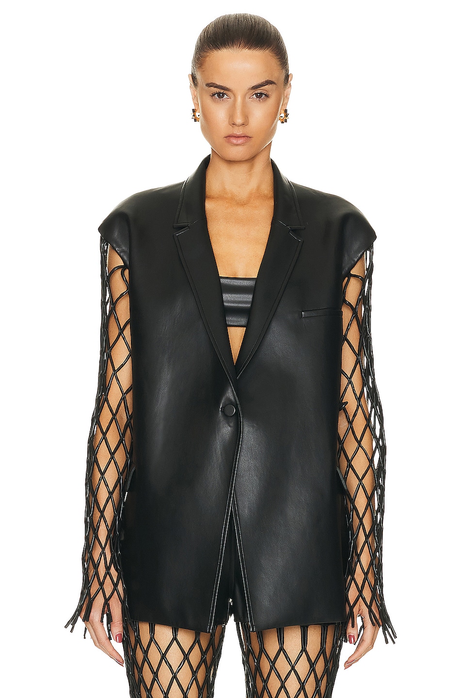 Image 1 of Lapointe Stretch Faux Leather Mesh Sleeved Wrap Blazer in Black
