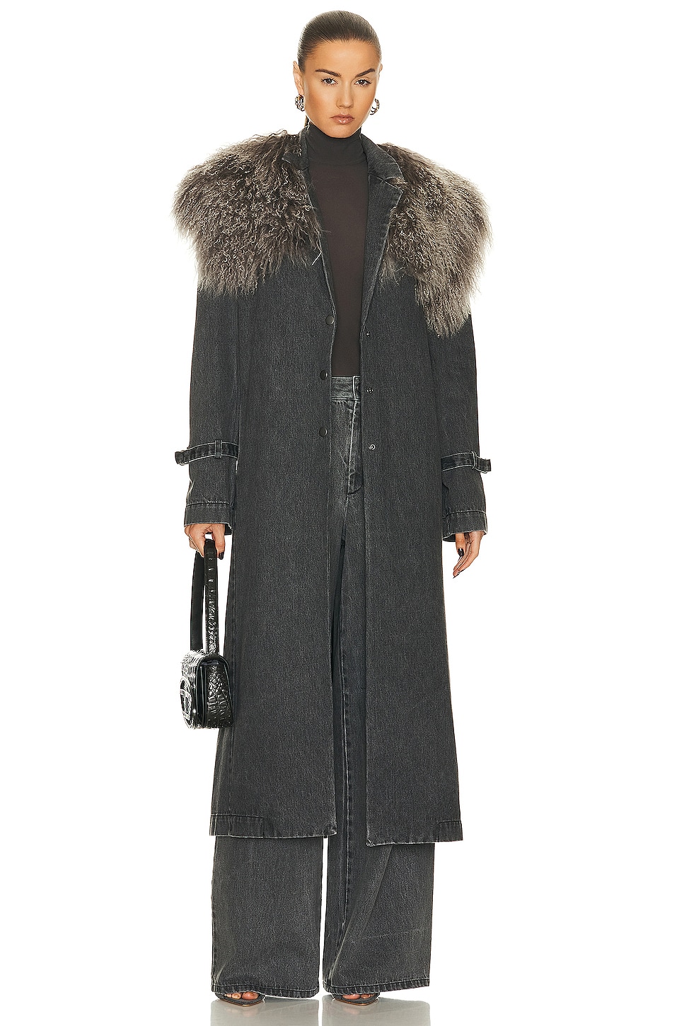 Washed Denim Relaxed Mongolian Trench in Charcoal