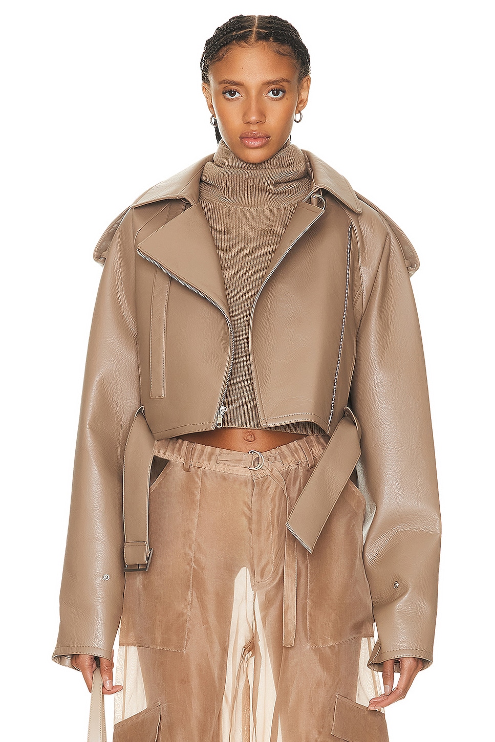 Bonded Faux Leather Belted Moto Jacket in Taupe