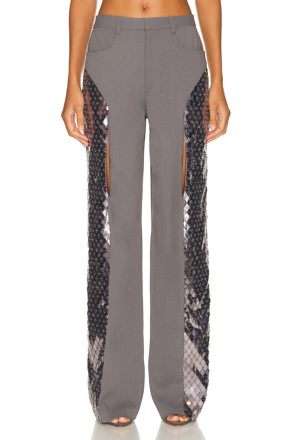 Image 1 of Lapointe Metal Embroidery Pebble Crepe Slit Front Pant in Steel