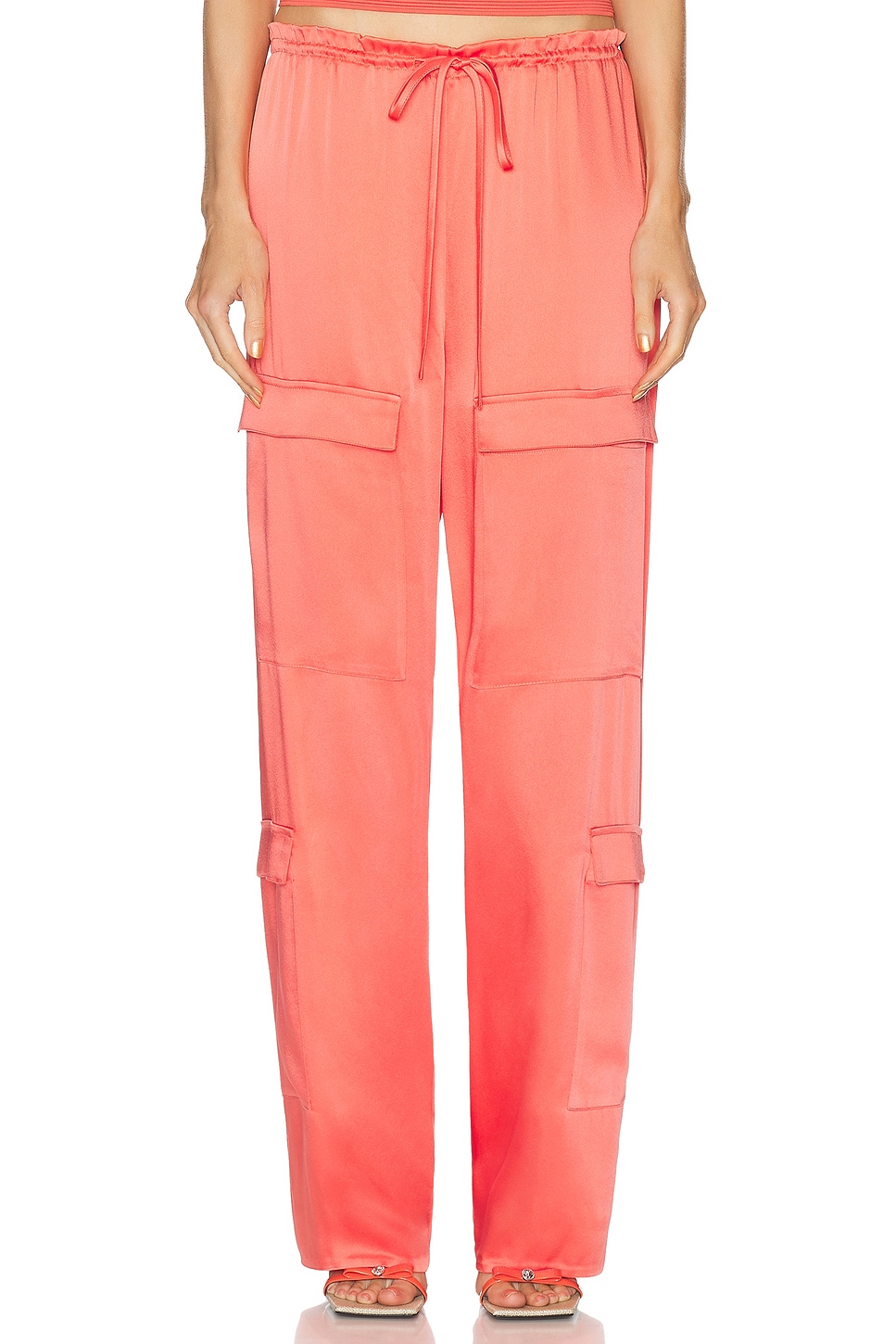 Image 1 of Lapointe Doubleface Satin Drawstring Cargo Pant in Hot Coral