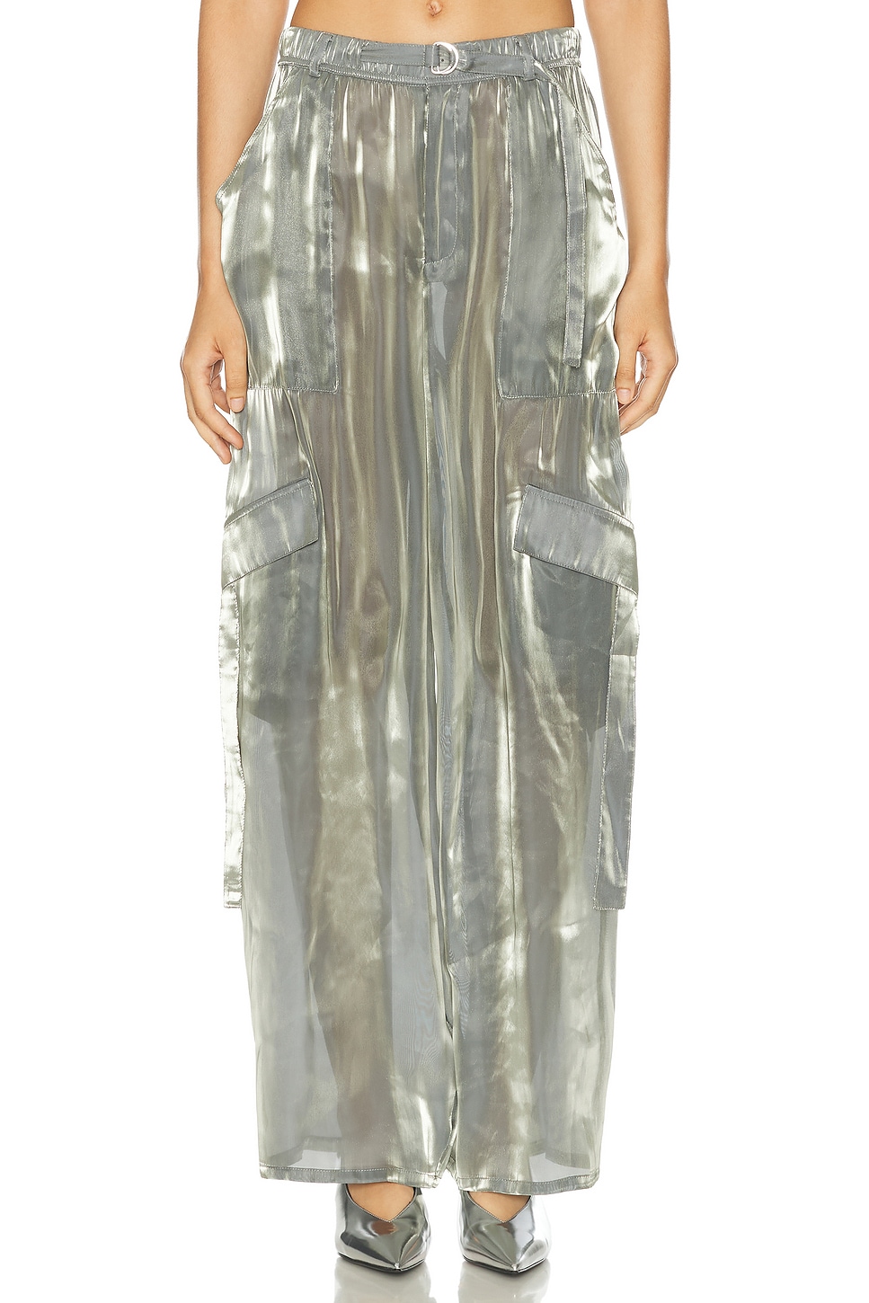 Metallic Organza Utility Pocket Pant in Metallic Silver