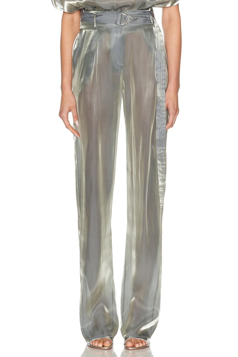Metallic Organza Belted Pant in Metallic Silver