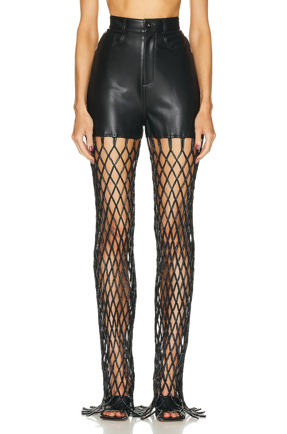 Stretch Faux Leather Mesh Pant in Black