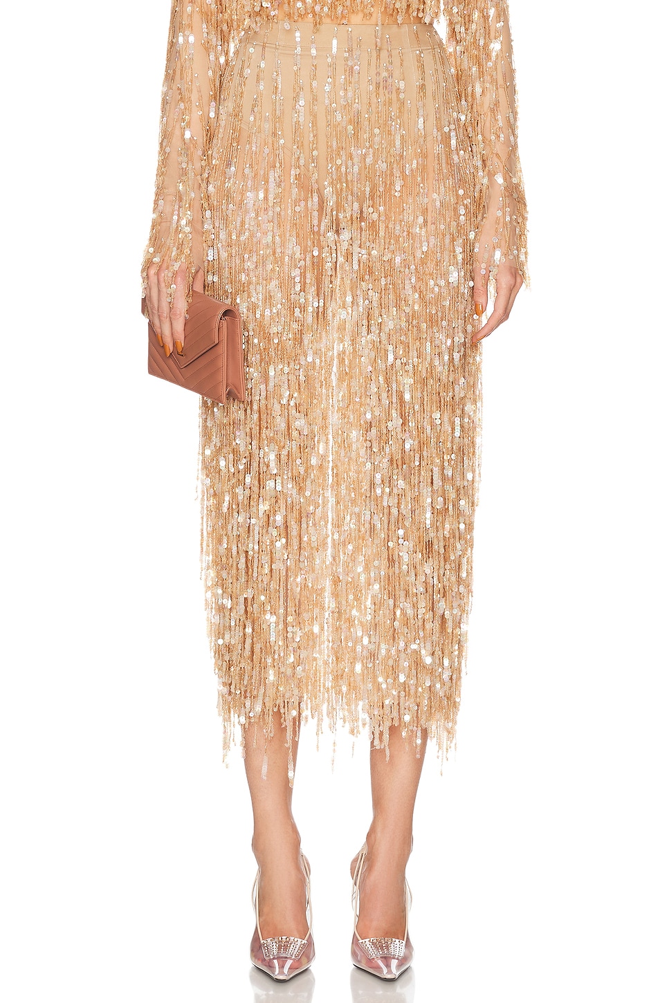 Fringe Sequin Pencil Skirt in Metallic Neutral