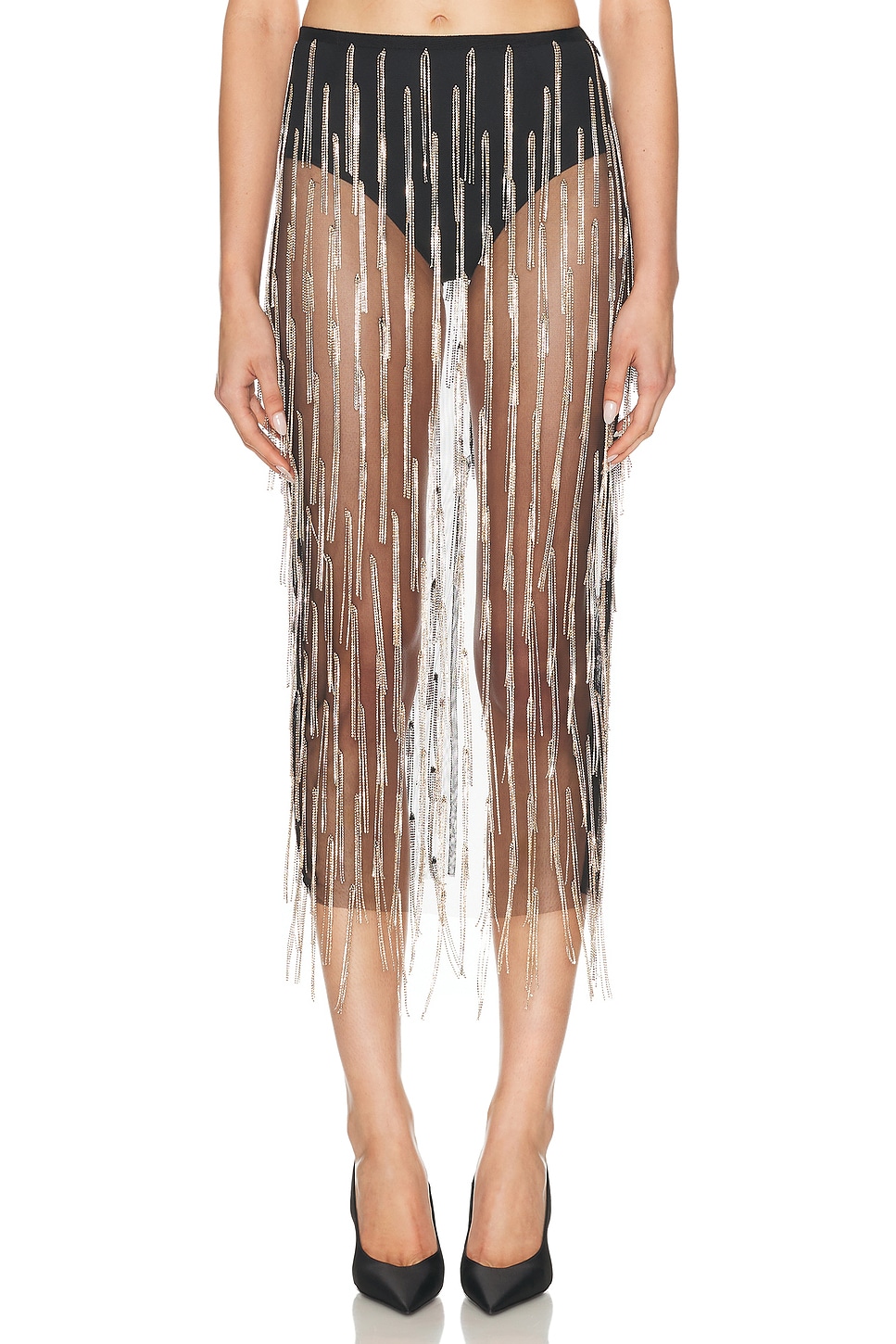 Rhinestone Fringe High Waist Skirt in Metallic Bronze