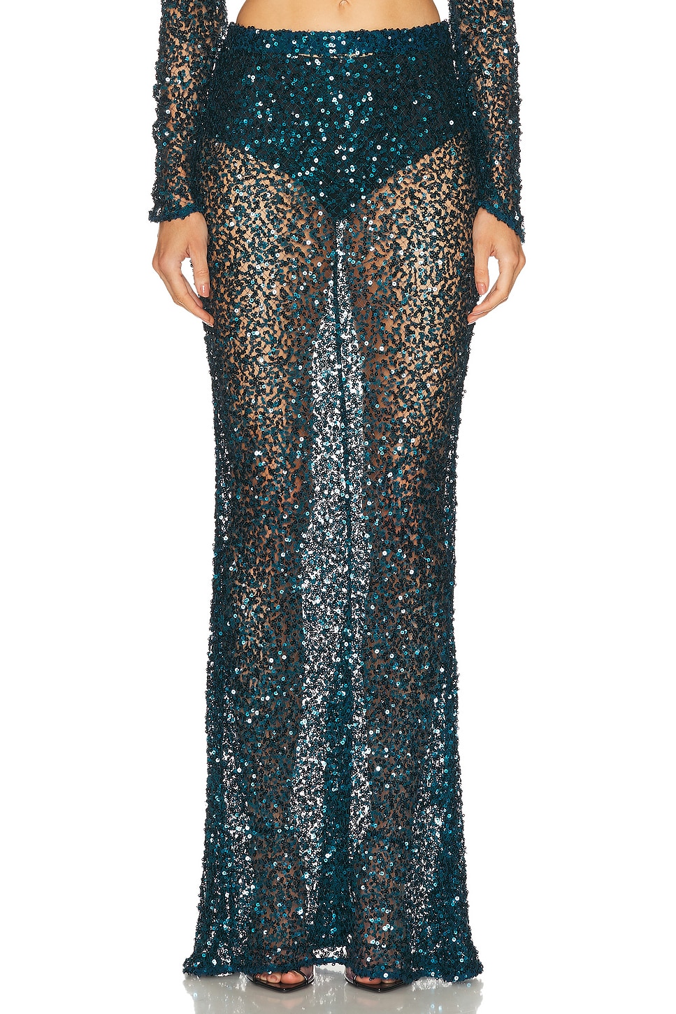 Net Paillette Maxi Skirt in Teal