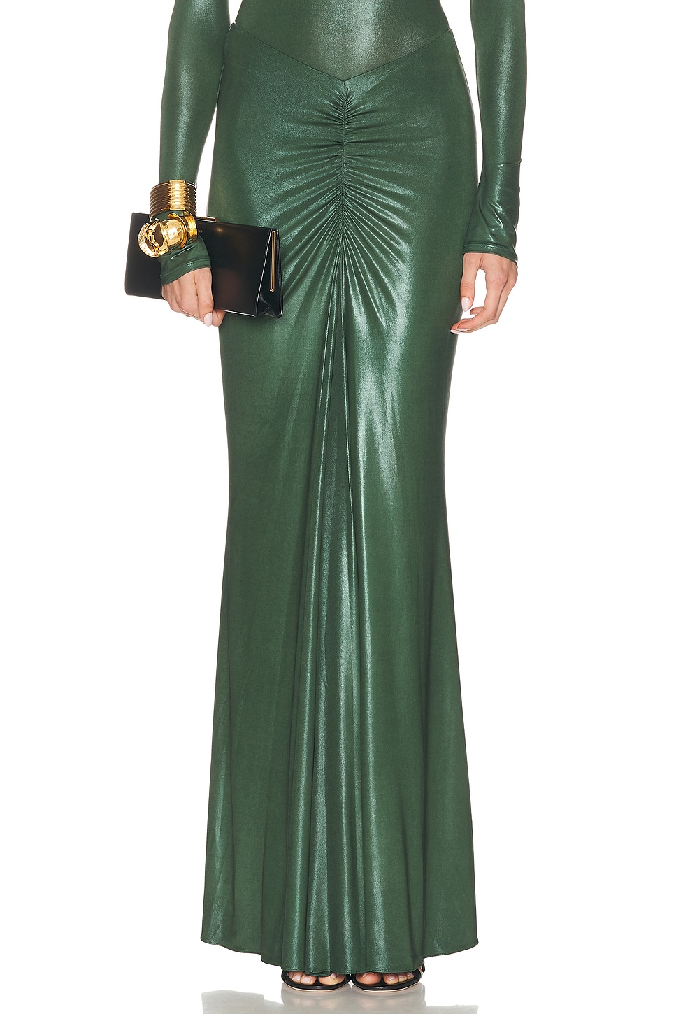 Lapointe Coated Jersey Ruched Maxi Skirt In Green