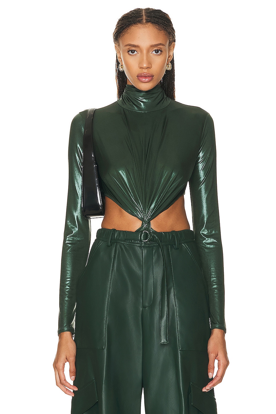 Image 1 of Lapointe Coated Jersey Twisted Turtleneck Bodysuit in Forest