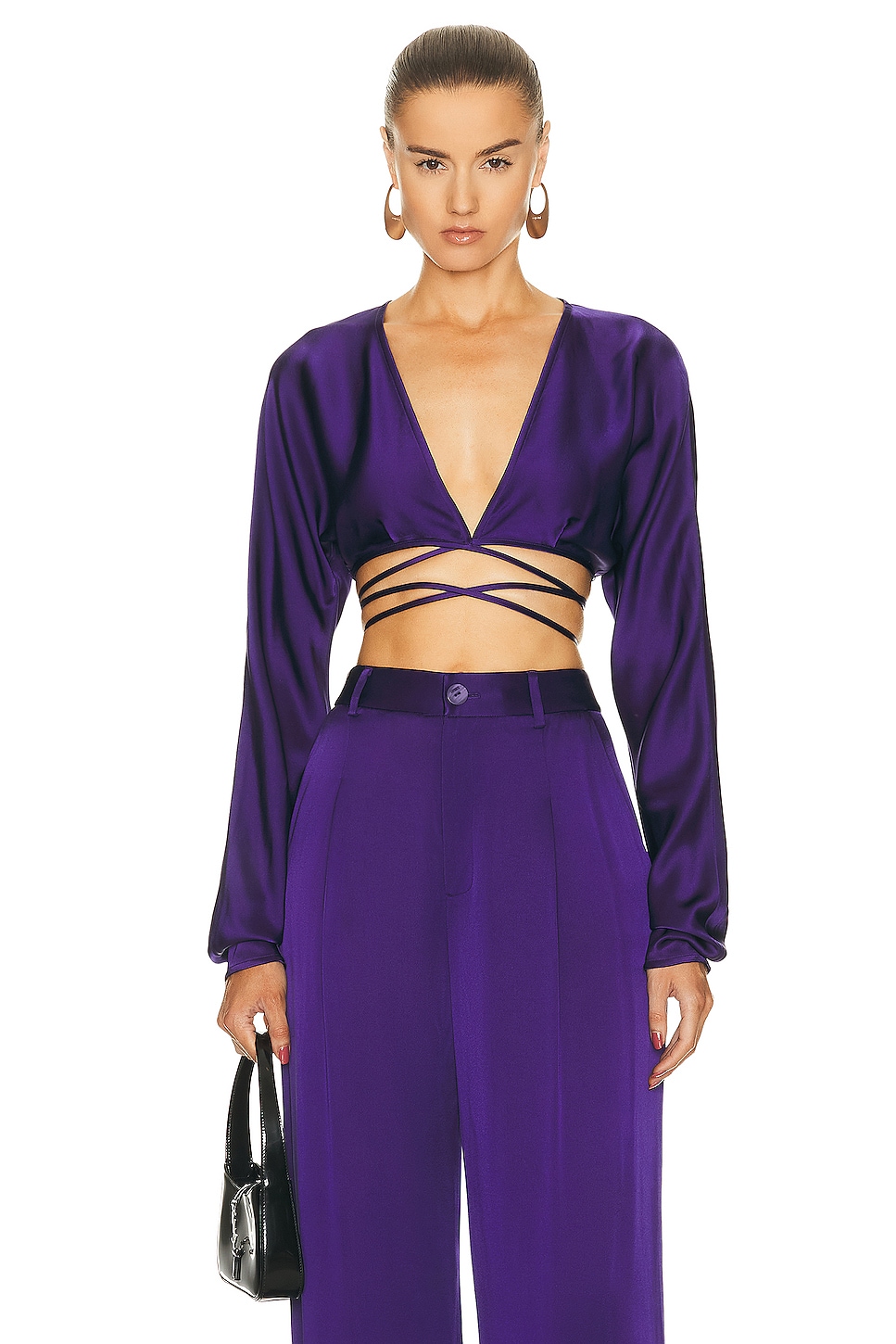 Image 1 of Lapointe Doubleface Satin Long Sleeve Tie Waist Top in Violet
