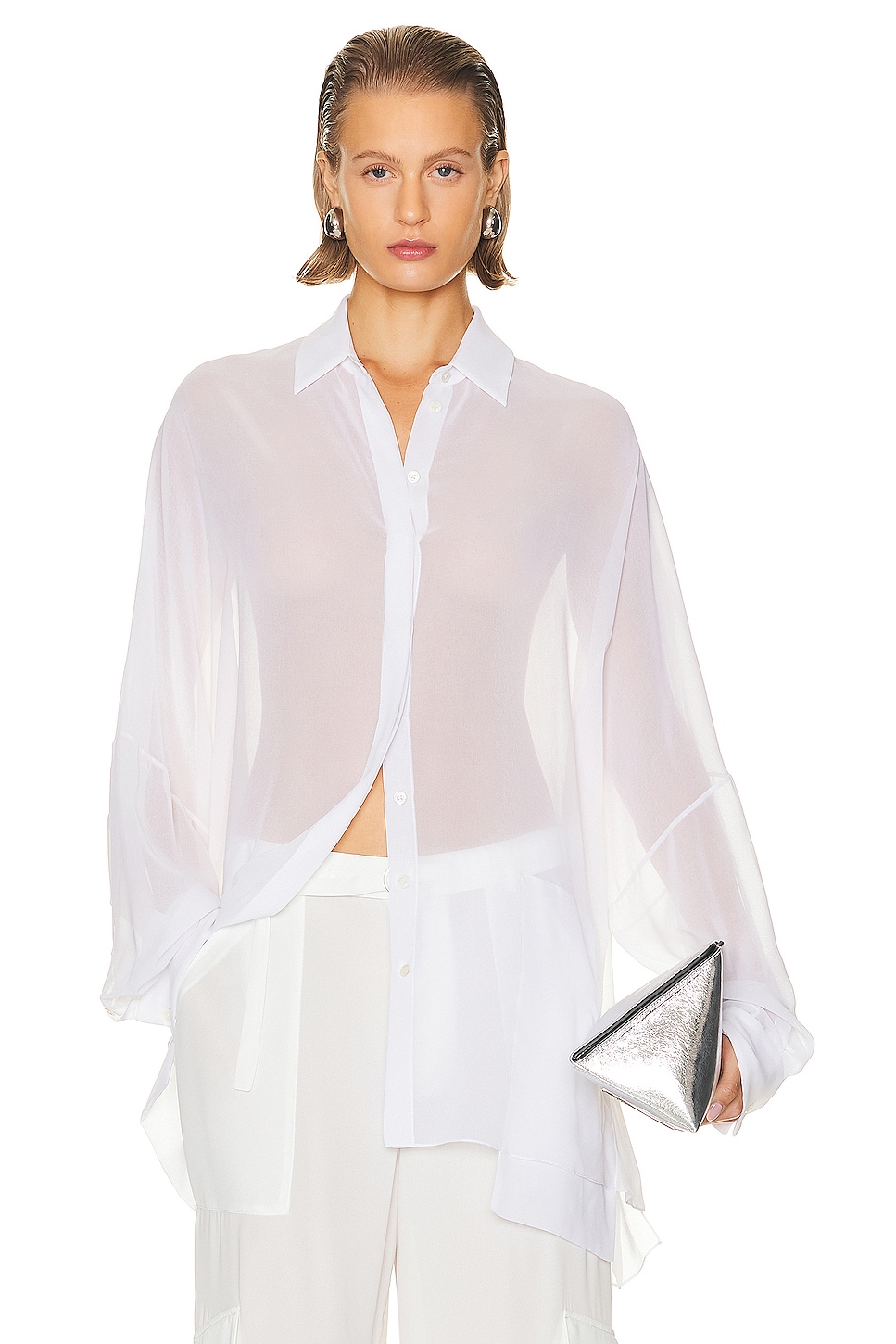 Image 1 of Lapointe Lightweight Georgette Oversized Shirt in White