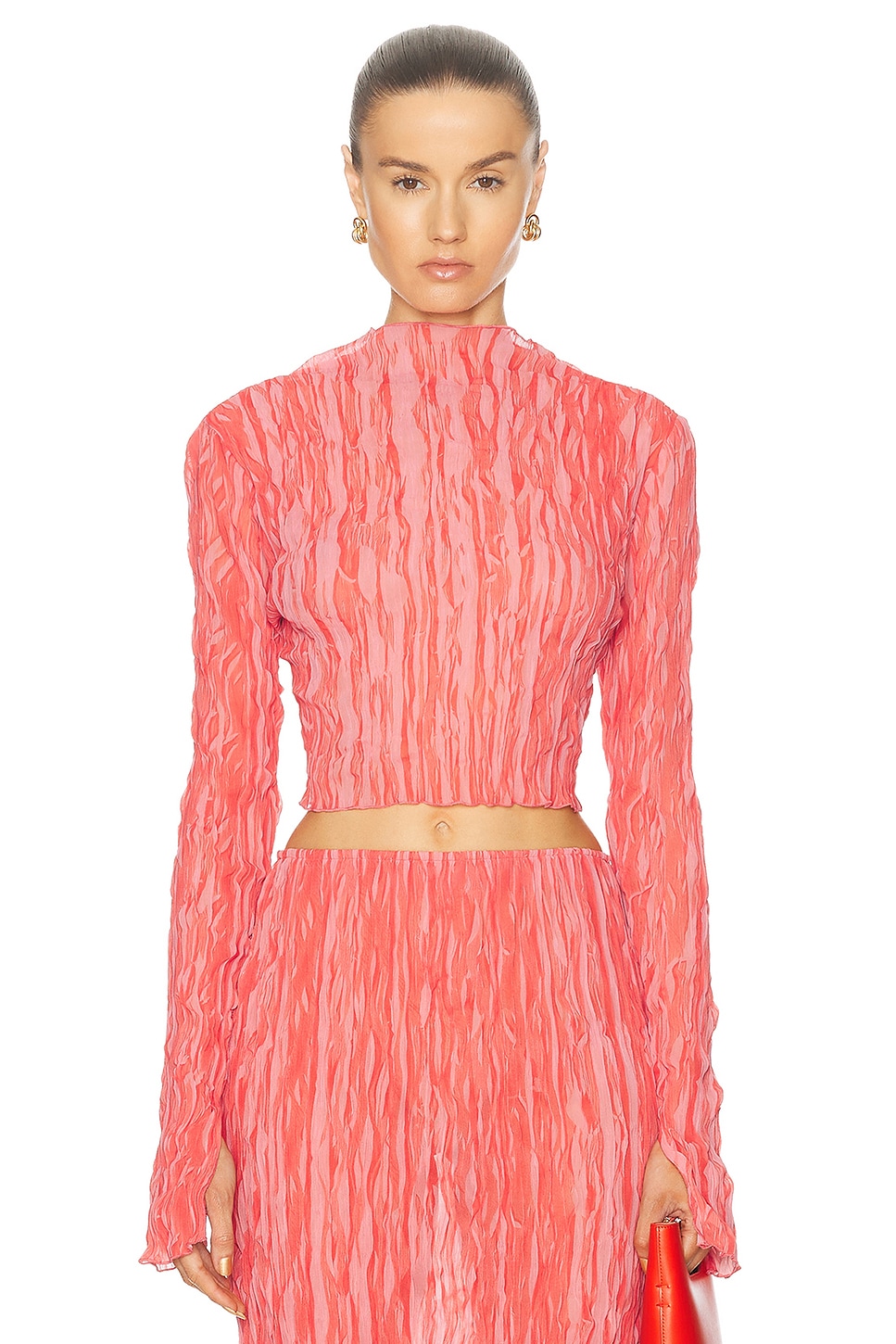 Pleated Georgette Long Sleeve High Neck Top in Coral