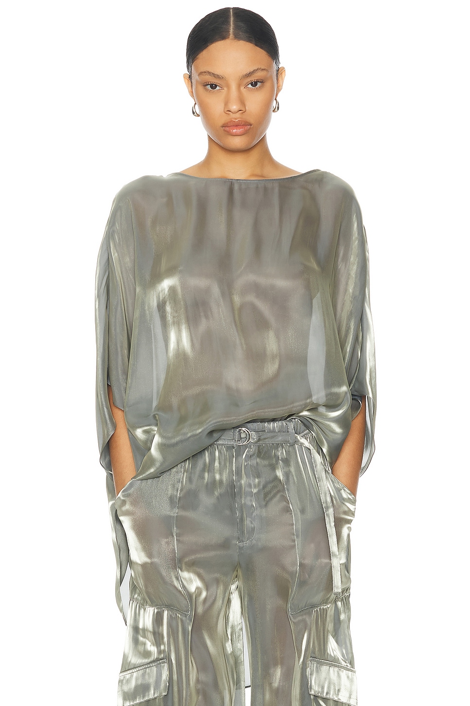 Shop Lapointe Metallic Organza Tunic Top In Steel