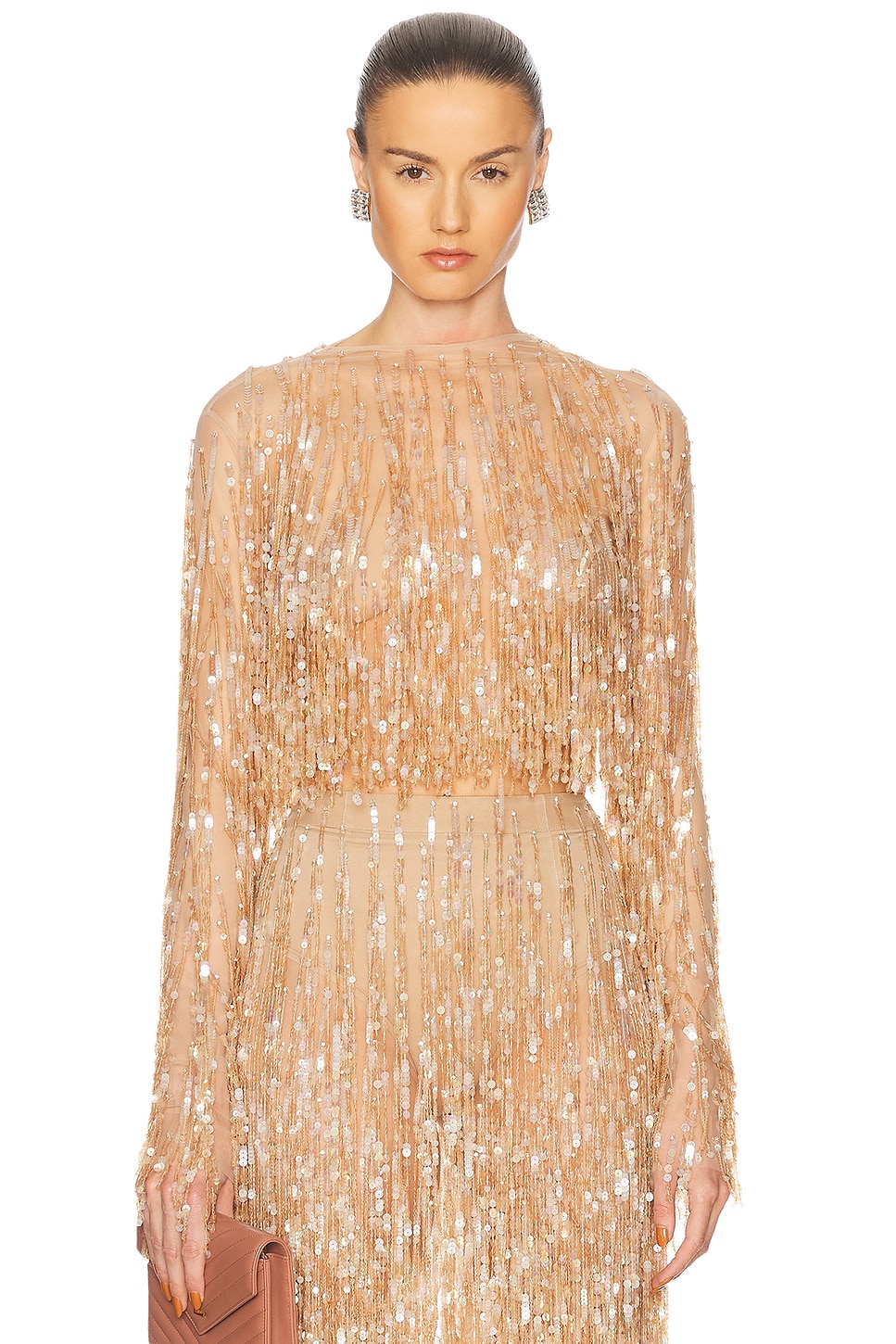 Fringe Sequin Cropped Top in Metallic Neutral