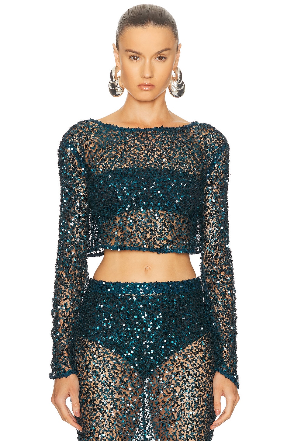 Net Paillette Cropped Boatneck Top in Teal