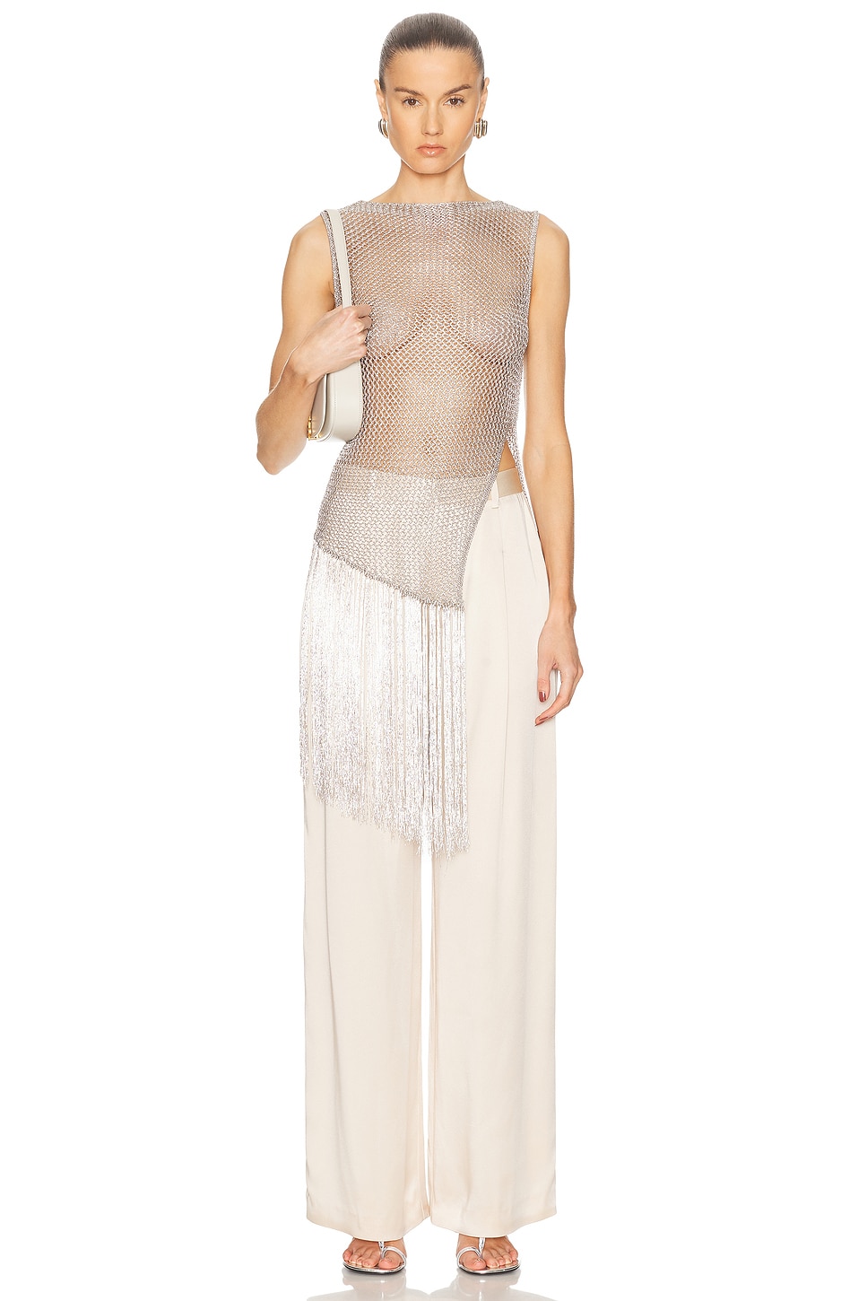 Metallic Netting Fringe Asymmetric Top in Metallic Silver