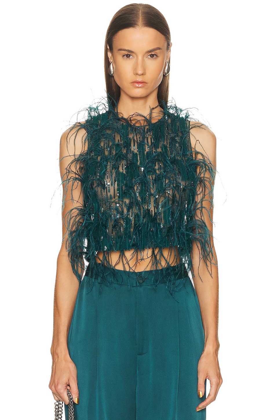 Lapointe Cascading Feather Emb Cropped Tank Top In Green