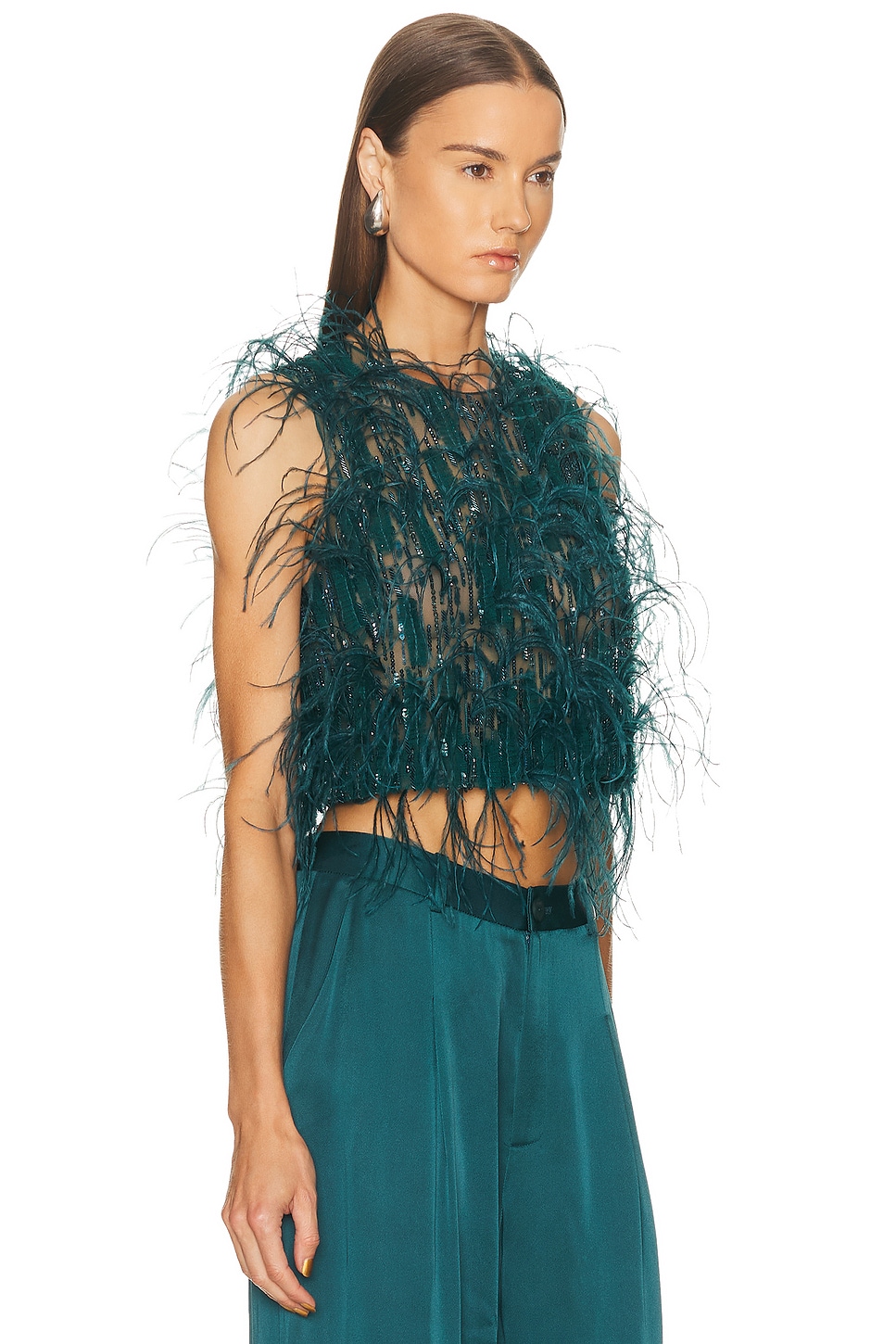 Lapointe Cascading Feather Emb Cropped Tank Top In Green