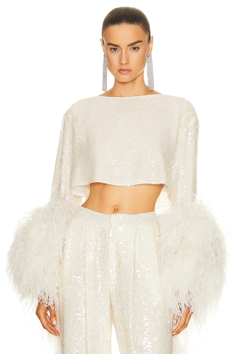 Image 1 of Lapointe Sequin Cropped Boat Neck Top in Cream