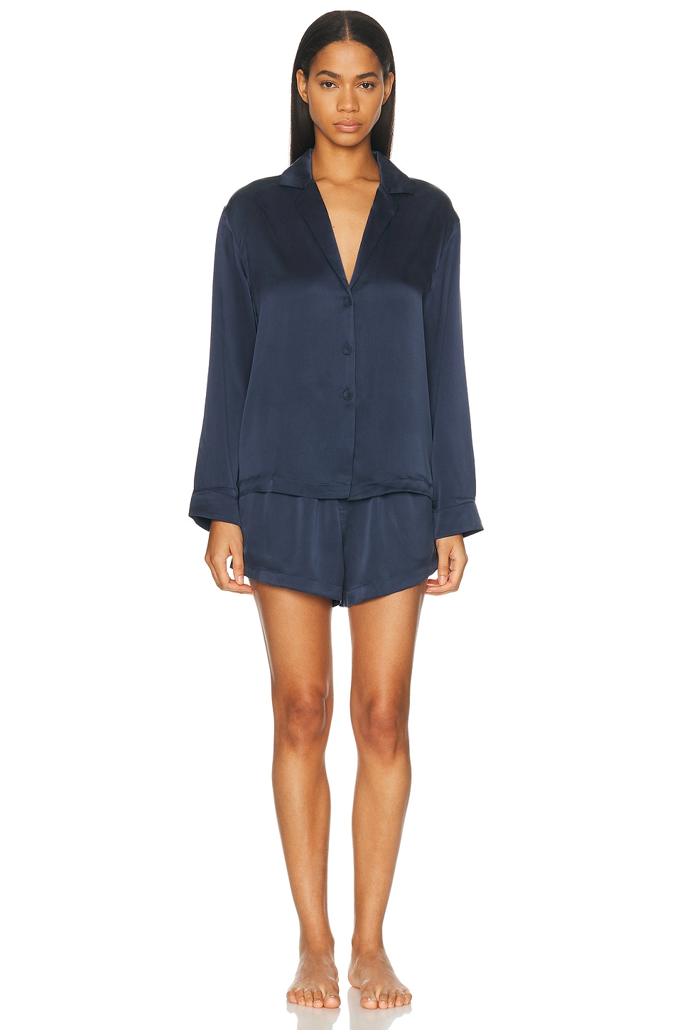 Lunya Washable Silk Button Up Long Sleeve Short Pajama Set In Blue