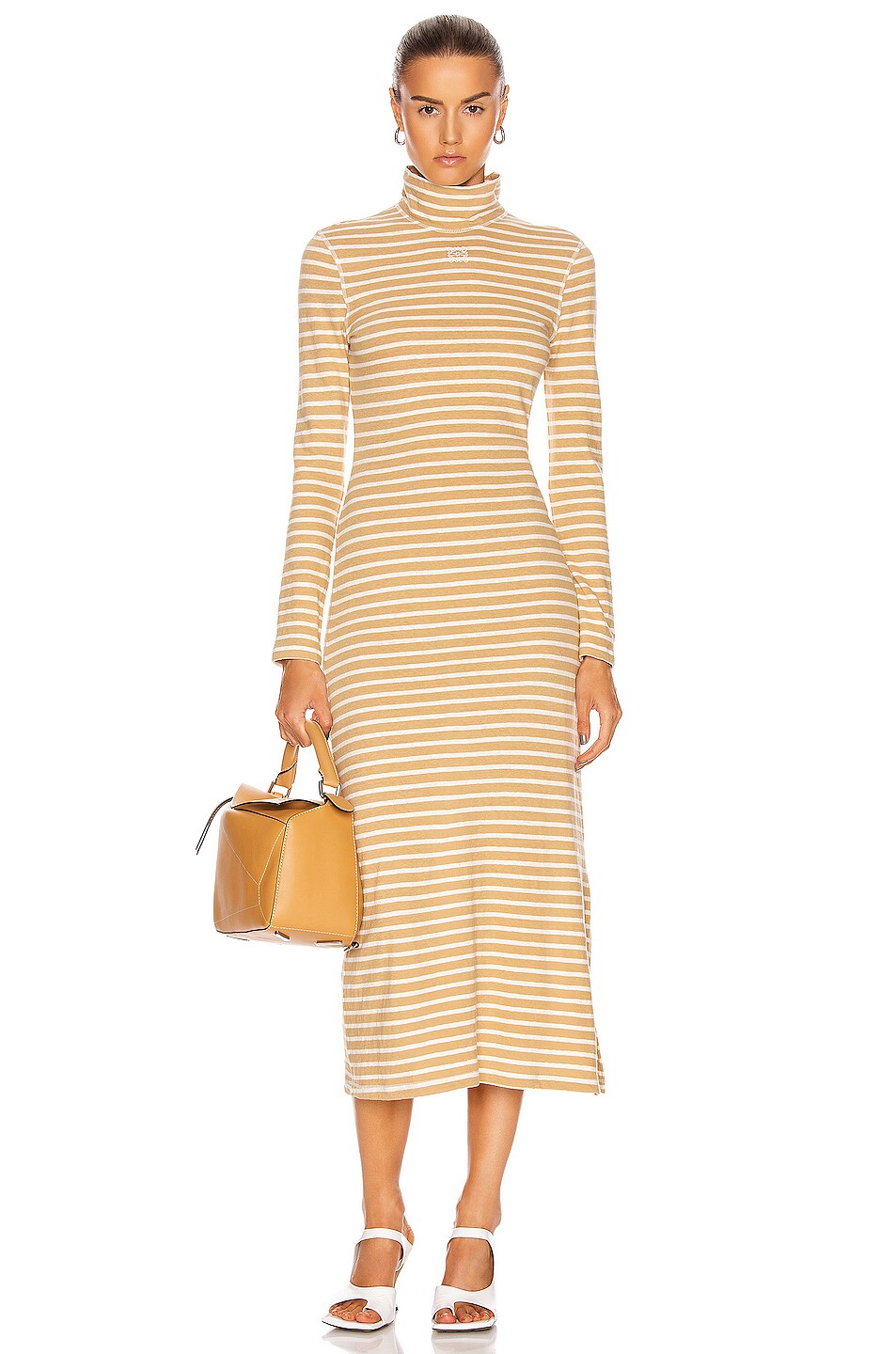 Image 1 of Loewe Stripe High Neck Jersey Dress in Beige