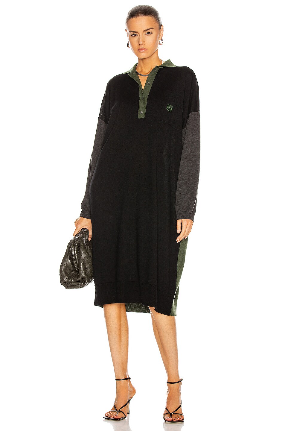 Image 1 of Loewe Oversize Polo Neck Dress in Black & Khaki Green