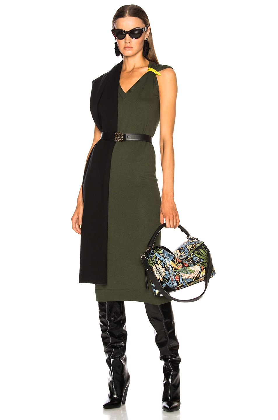 Image 1 of Loewe Cape Dress with leather Band in Khaki Green & Black
