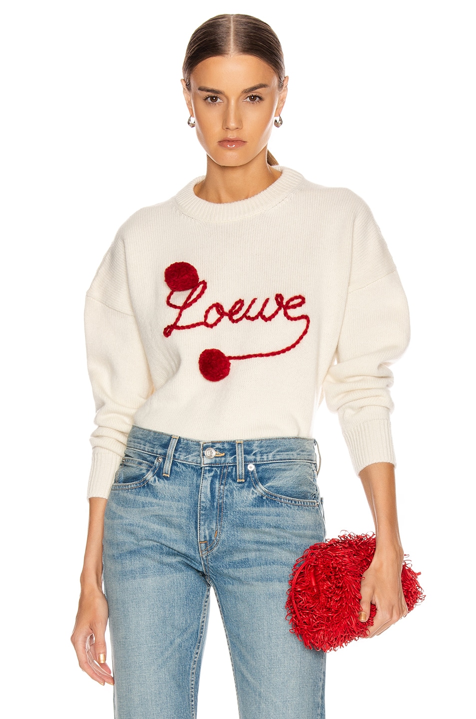Image 1 of Loewe Pompom Loewe Sweater in White & Red