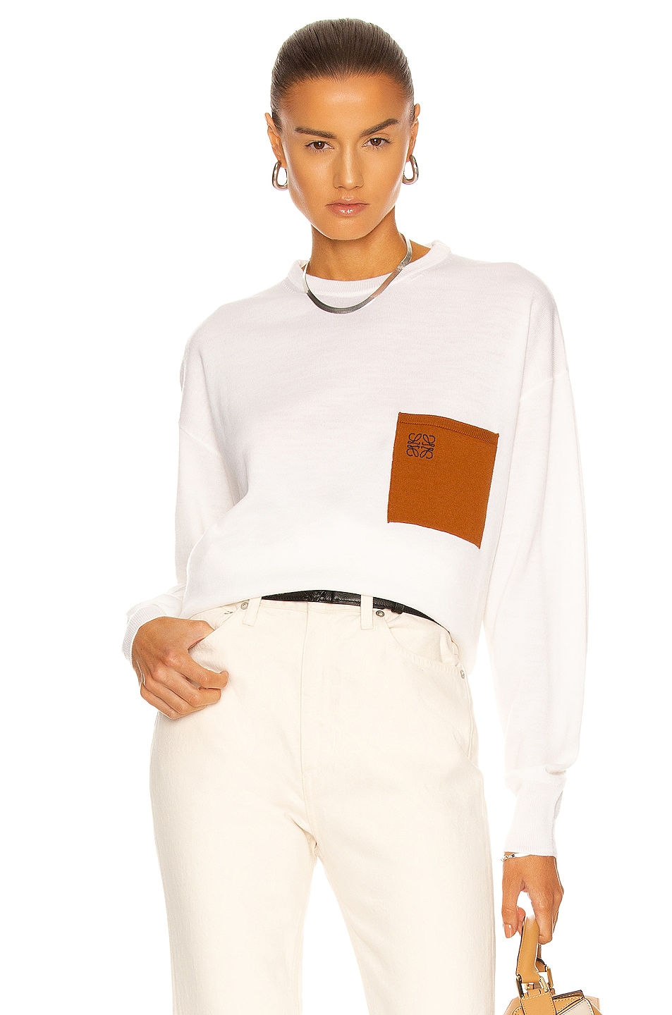Image 1 of Loewe Anagram Pocket Sweater in Ecru & Brown