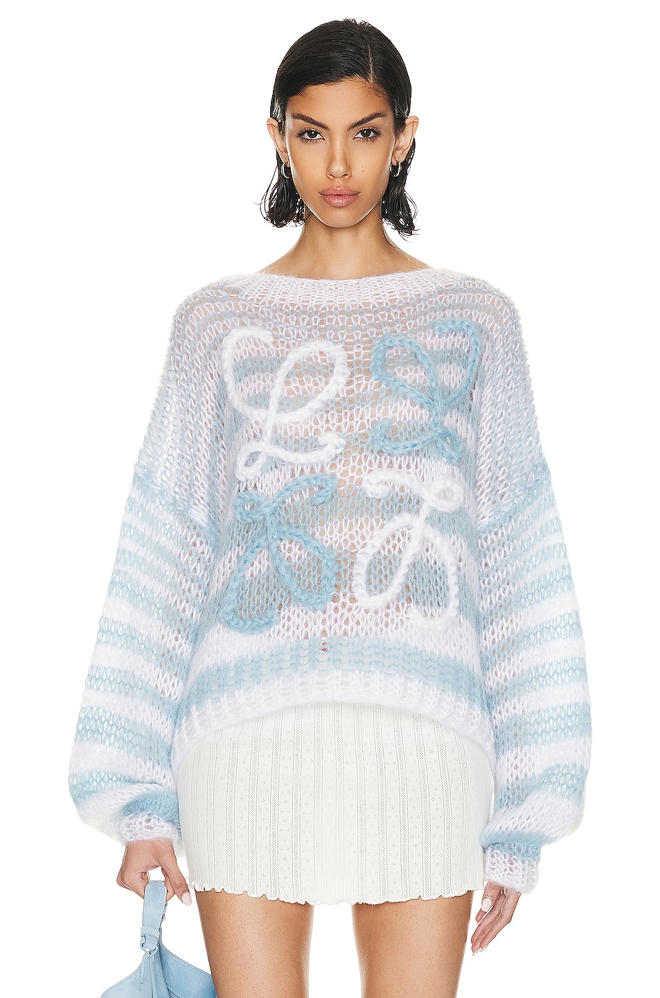 Image 1 of Loewe Striped Anagram Sweater in White & Blue