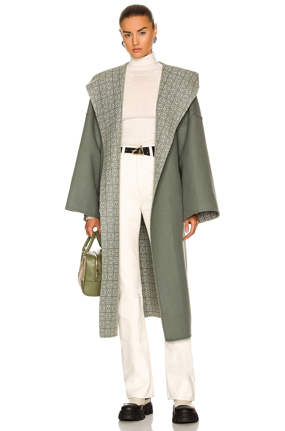 Image 1 of Loewe Anagram Jacquard Hooded Coat in Khaki Green & Soft White