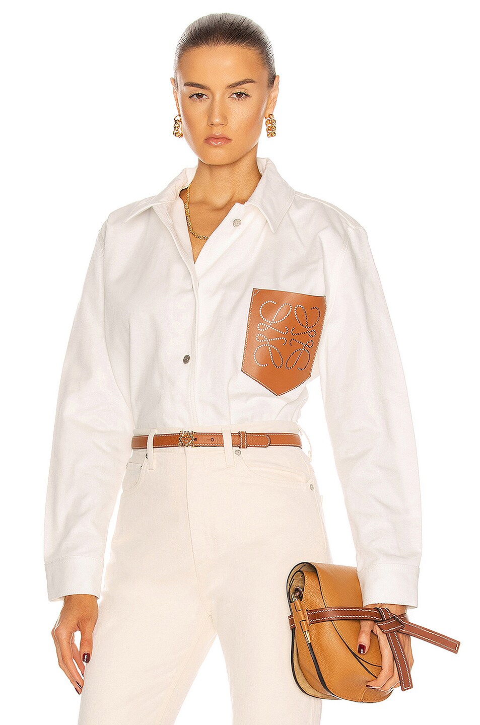 Image 1 of Loewe Leather Pocket Overshirt in Ecru