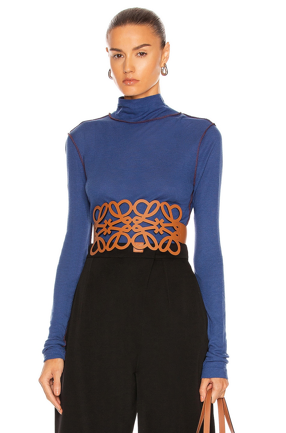 Image 1 of Loewe High Neck Ribbed Top in Blue & Tobacco