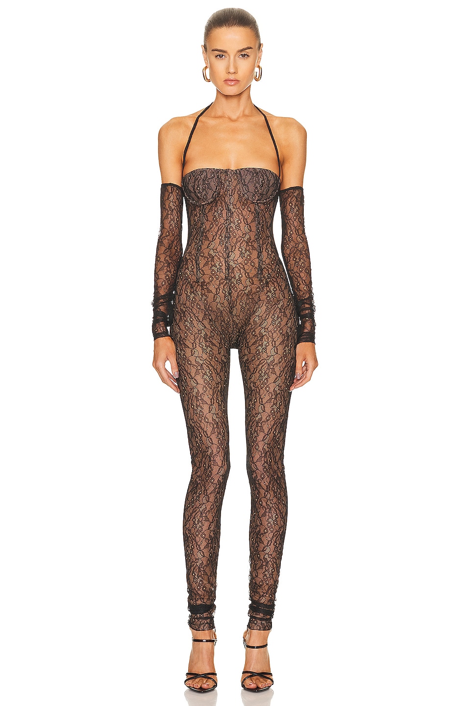 Image 1 of LaQuan Smith Lace Halter Long Sleeve Jumpsuit in Black