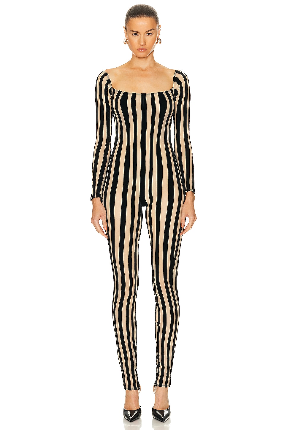 Image 1 of LaQuan Smith Off Shoulder Striped Catsuit in Black