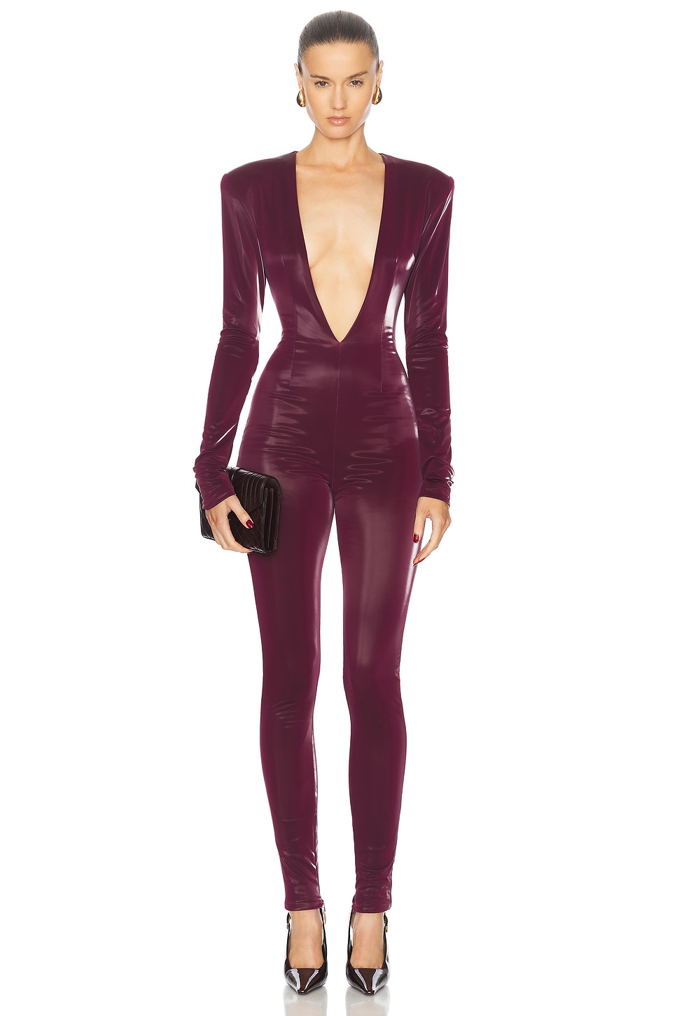 Long Sleeve Plunging Jumpsuit in Wine