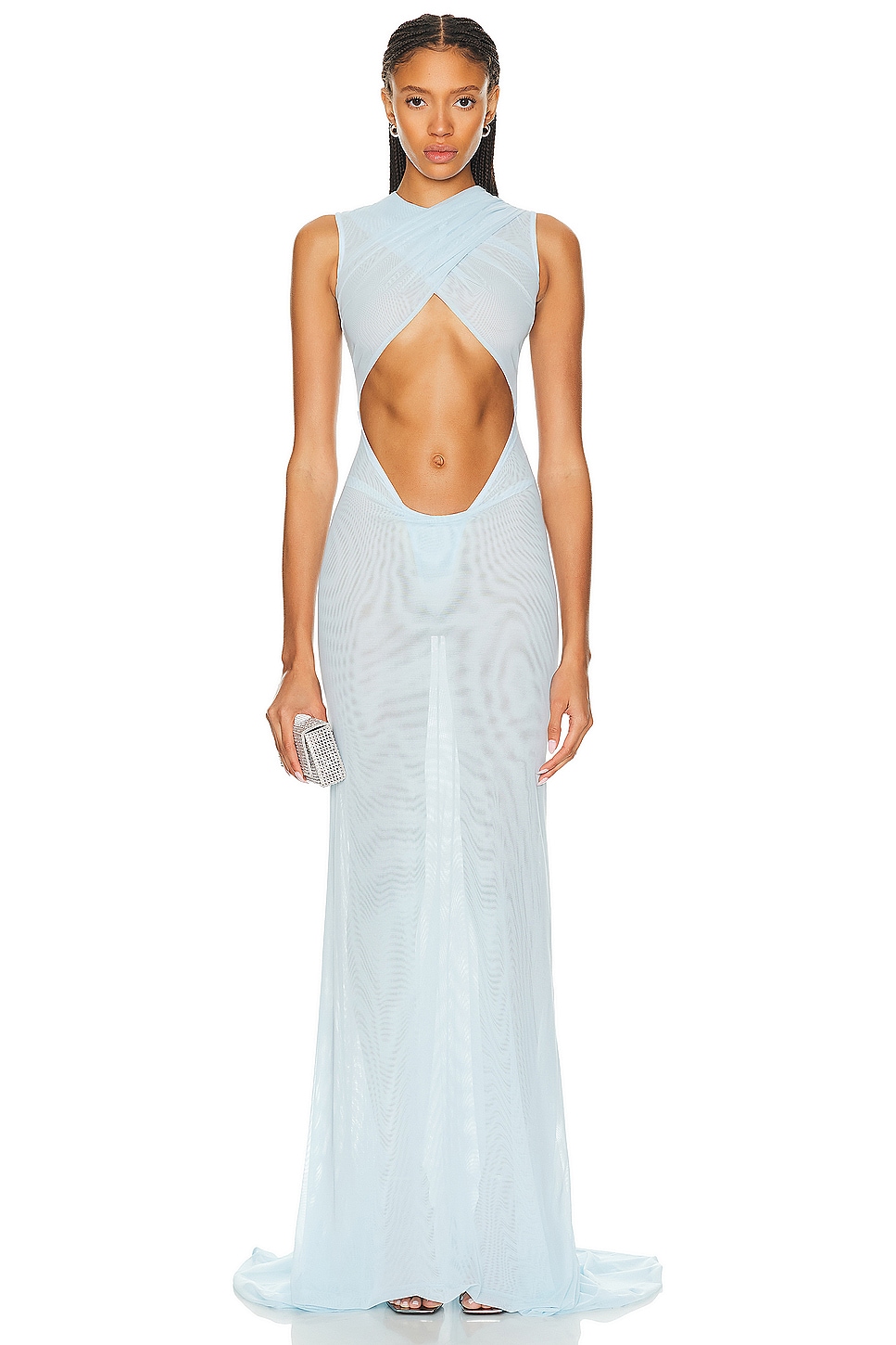 Image 1 of LaQuan Smith Sleeveless Criss Cross Draping Gown in Baby Blue