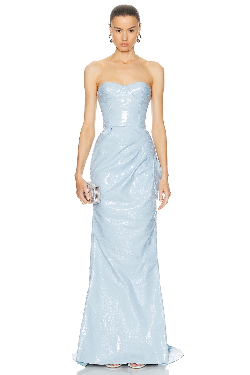 Image 1 of LaQuan Smith Ruched Srapless Gown in Baby Blue
