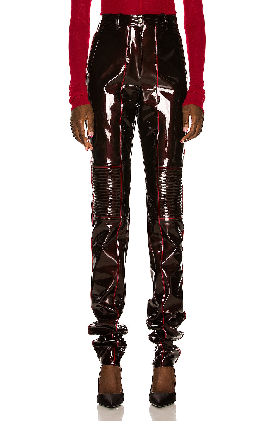 Image 1 of LaQuan Smith Contrast Piping Moto Pant in Chocolate & Crimson