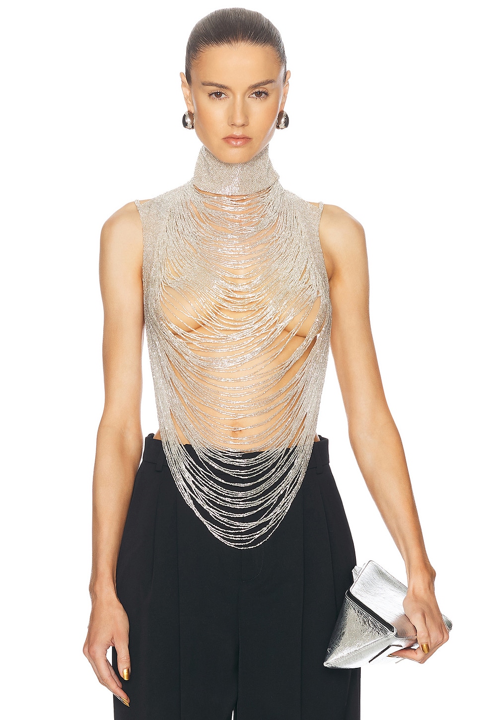 Cascading Embroidery Top in Metallic Silver