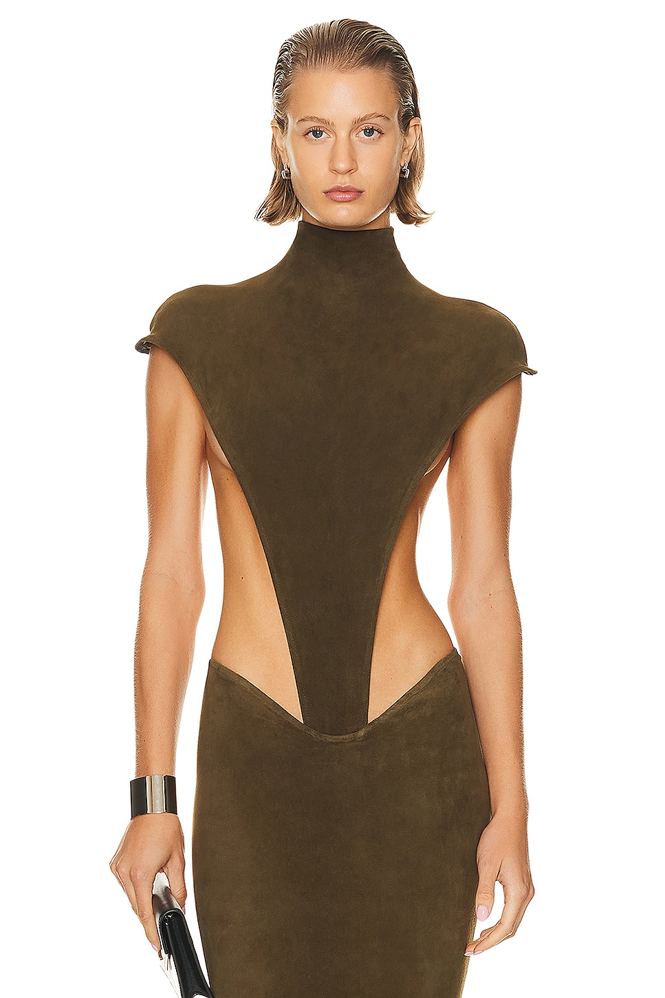 Image 1 of LaQuan Smith Mock Neck High Cut Bodysuit in Dark Olive