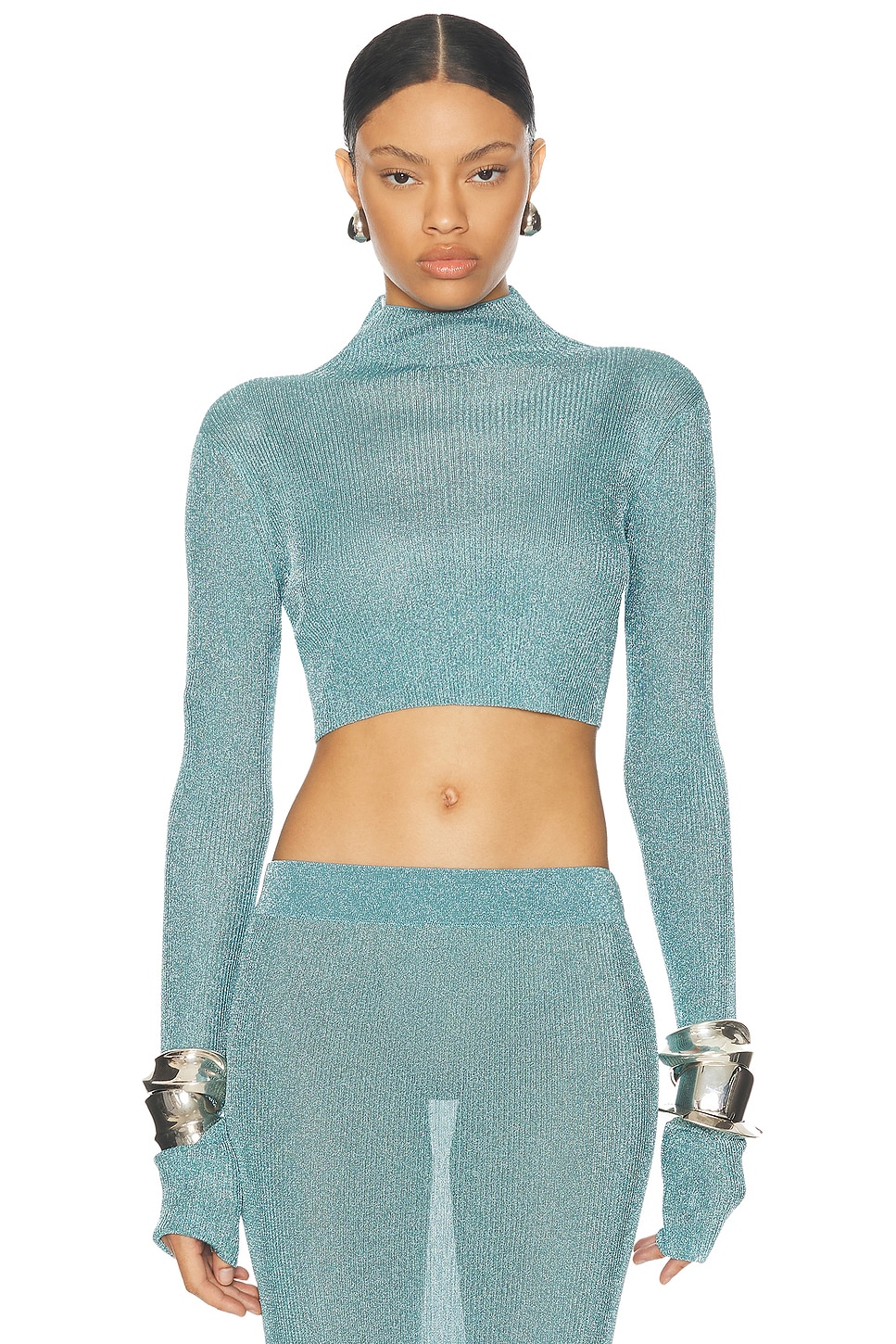 Long Sleeve Mock Neck Crop Top in Blue