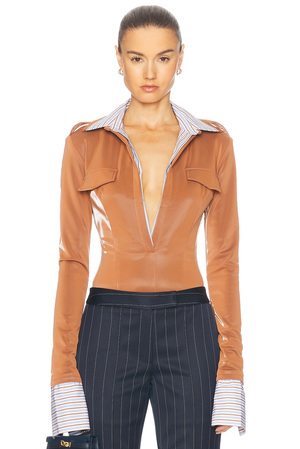 Image 1 of LaQuan Smith Long Sleeve Button Down Bodysuit With Poplin Dickie in Caramel