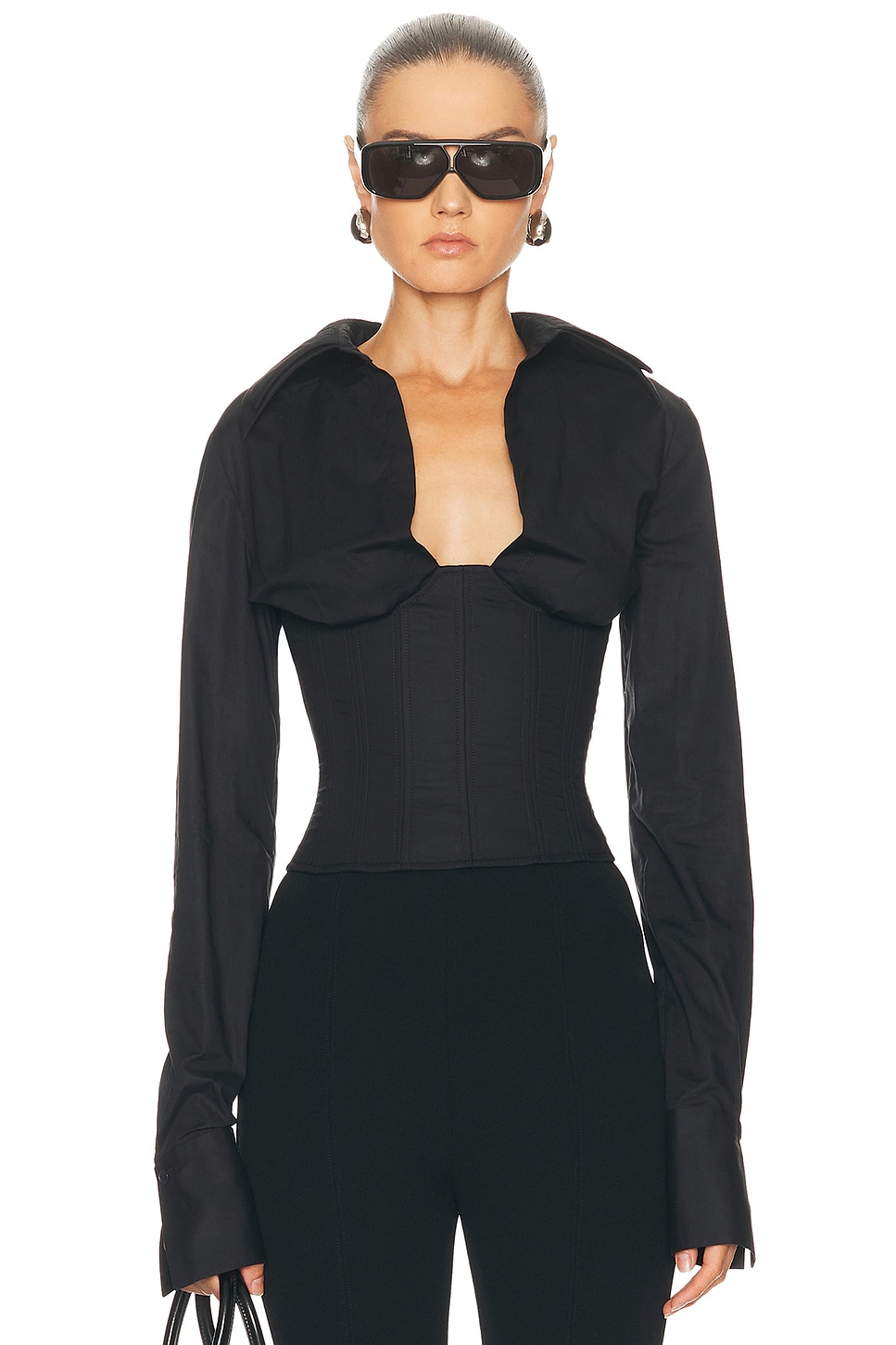 Image 1 of LaQuan Smith Long Sleeve Collared Corset Top in Black