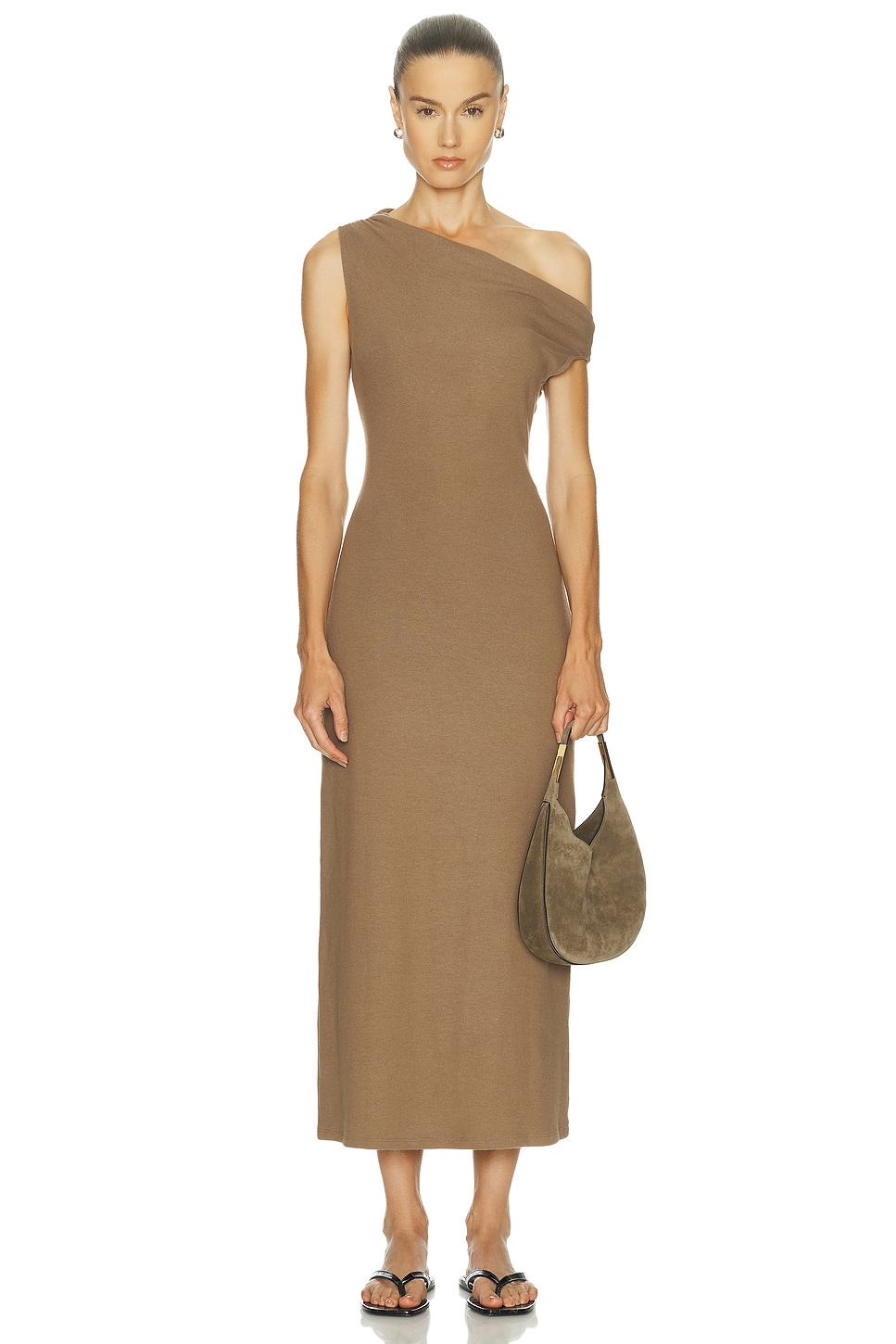 Image 1 of LESET Lauren Ruched Asymmetrical Shoulder Dress in Walnut