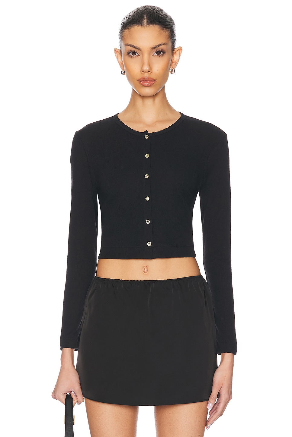 LESET Pointelle Crop Cardigan in Black