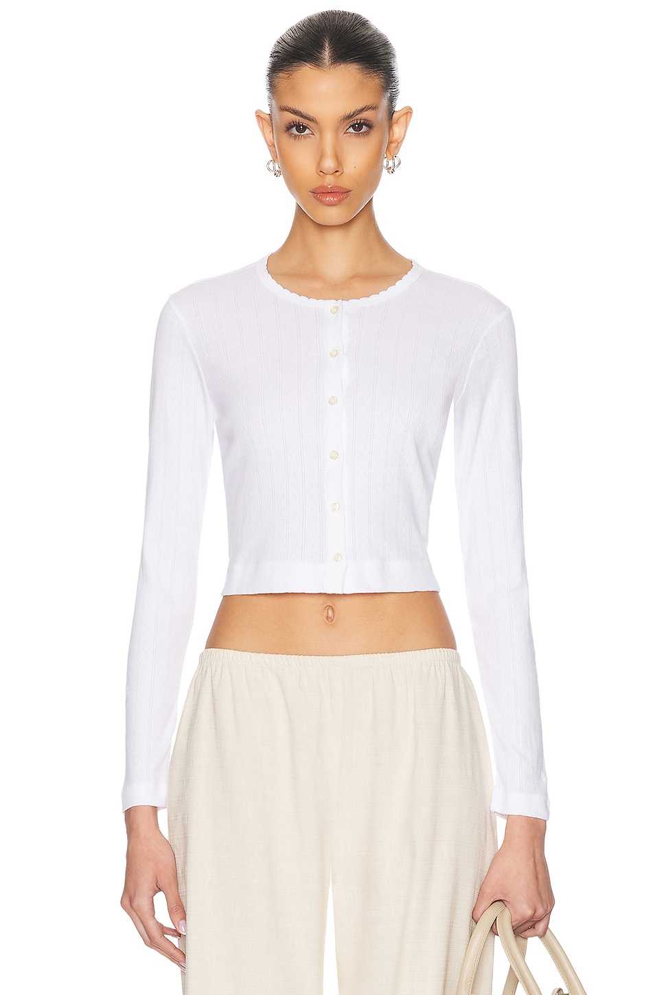 LESET Pointelle Crop Cardigan in White