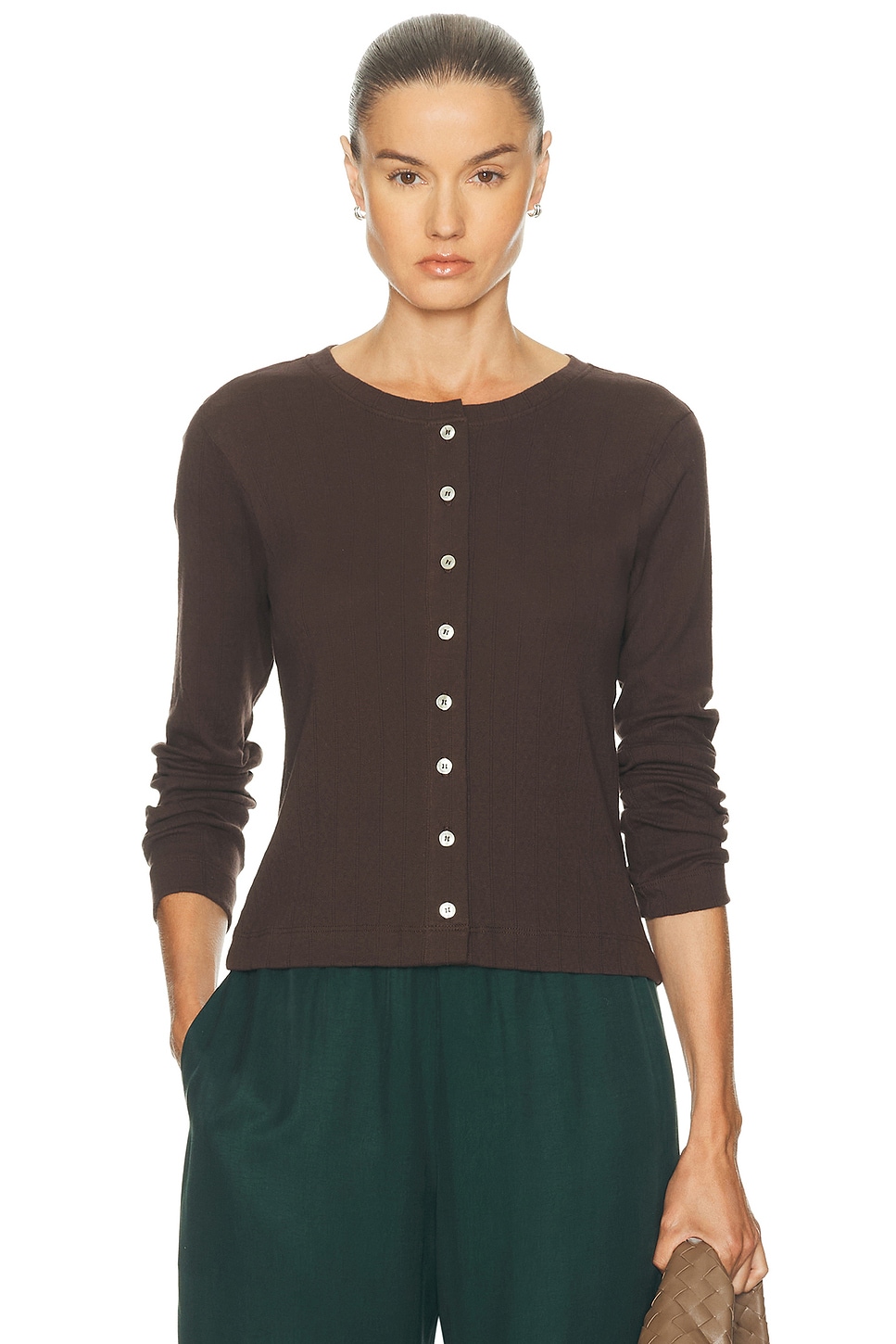 Leset Pointelle Classic Crew Cardigan In Purple