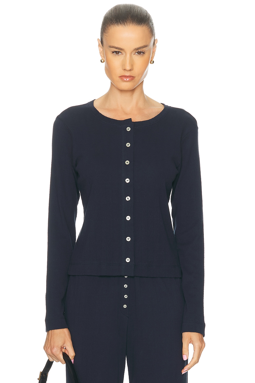 Leset Pointelle Classic Crew Cardigan Midnight In Blue